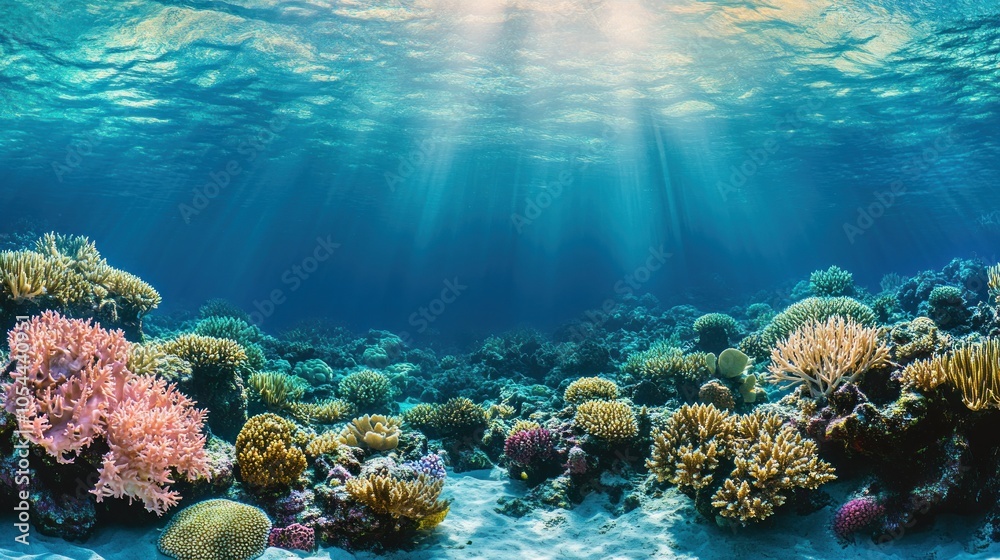Fototapeta premium A vibrant underwater scene showcasing a colorful coral reef with sunbeams piercing through the surface of the water.