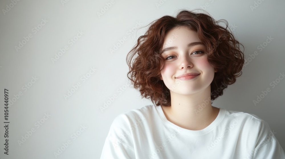 シンプルな背景に、カジュアルな白い服を着た巻き毛の若い女性の楽しそうなポートレート