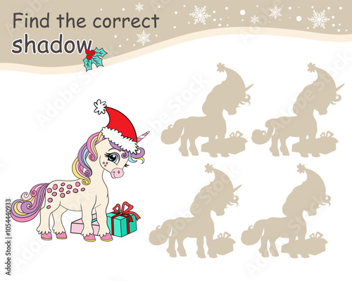 Find correct shadow game for kids with Christmas unicorn and gift