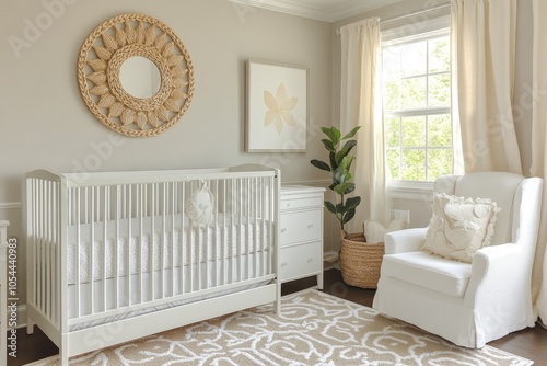 Elegant nursery in soft pastel colors with crib and cozy seating capturing warmth comfort and gentle ambiance for new beginnings