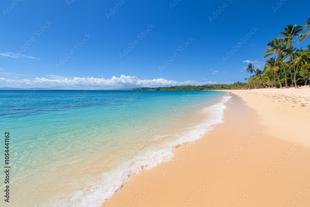 A serene tropical beach setting with crystal clear water and palm trees under a bright sky A serene tropical beach setting with crystal clear water and palm trees under a bright sky