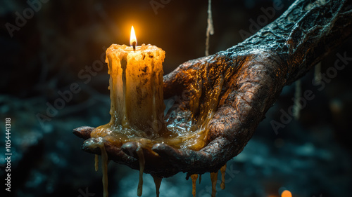 Melting candle held in a mysterious, dark hand.