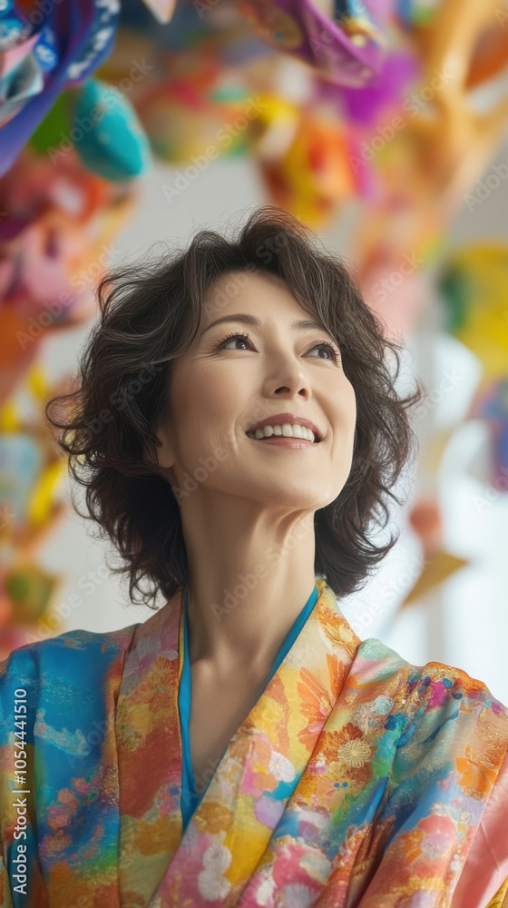 Obraz premium 春の精神を抱く花柄の着物を着た陽気な日本人女性