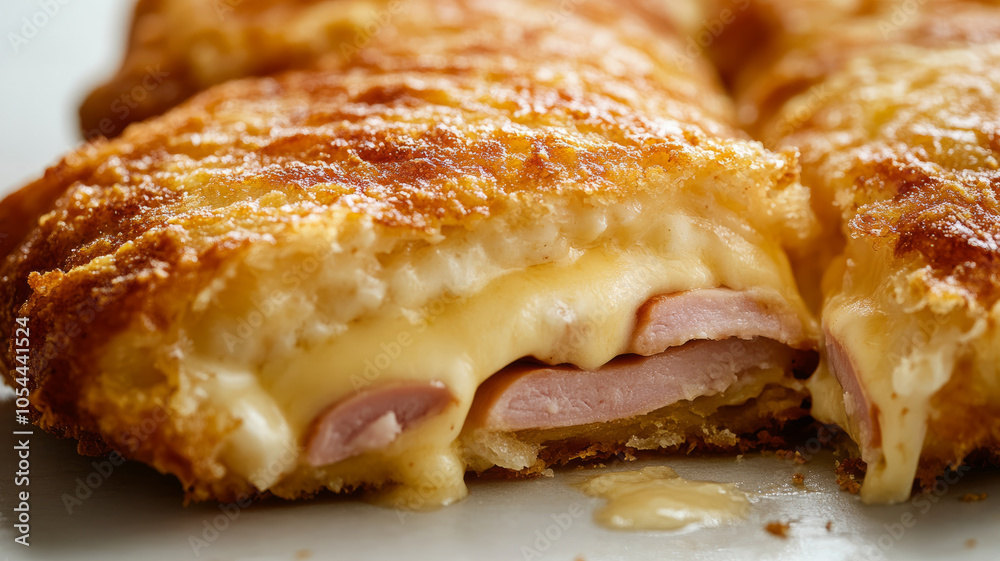 Breaded cordon bleu cut to show cheese and ham filling. Breaded cordon bleu cut to show cheese and ham filling.