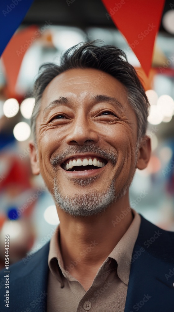 春のお祝いの雰囲気の中で喜びにあふれた日本のビジネスマン。ビジネスや文化のテーマに最適です。 春のお祝いの雰囲気の中で喜びにあふれた日本のビジネスマン。ビジネスや文化のテーマに最適です。