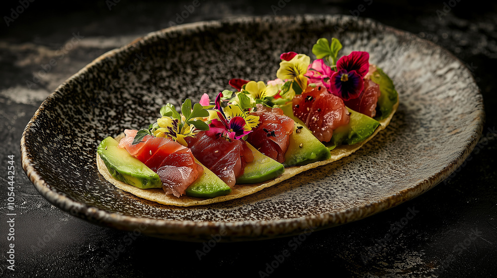 Gourmet Spicy Tuna Sashimi with Edible Flowers and Green Sauce Garnish Gourmet Spicy Tuna Sashimi with Edible Flowers and Green Sauce Garnish