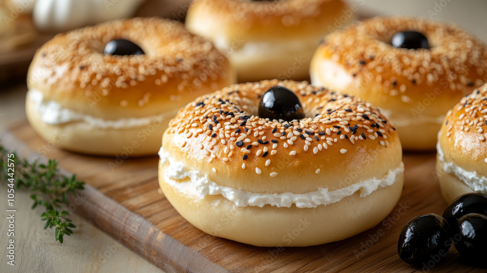 Bagels with cream cheese and black olives on a board. Bagels with cream cheese and black olives on a board.
