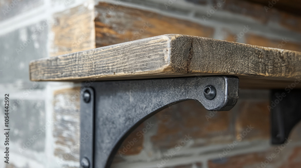 Rustic wooden shelf with metal bracket on brick wall. Rustic wooden shelf with metal bracket on brick wall.