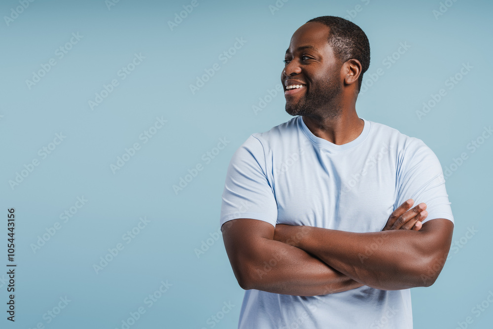 Happy African American man looking to copy space in studio, with folded hands
