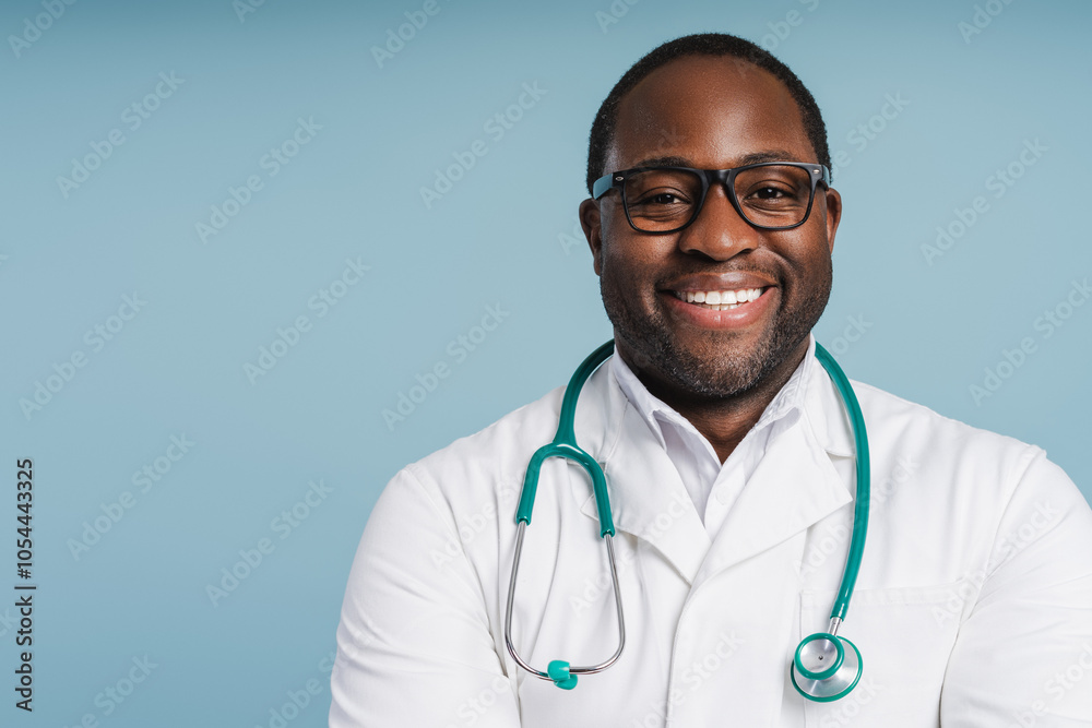 Fototapeta premium Confident African American doctor smiling and posing over blue studio background