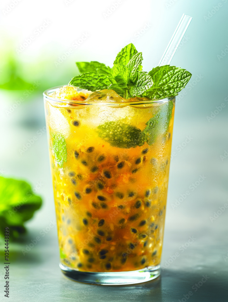 A refreshing passion fruit mojito cocktail with mint. A refreshing passion fruit mojito cocktail with mint.