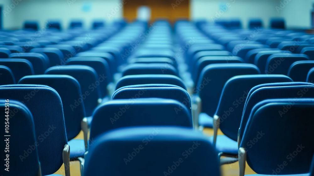 Large conference center hall filled with rows of chairs and presentation equipment, conference venue, public building Large conference center hall filled with rows of chairs and presentation equipment, conference venue, public building