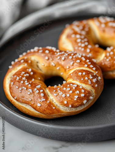 Close-up of salted pretzels on a plate.