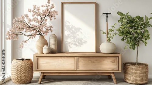 Spring composition of living room interior with mock up poster frame, wooden consola, beige vase with flowers, wooden trace, sprinkler and personal accessories. Home decor. Template