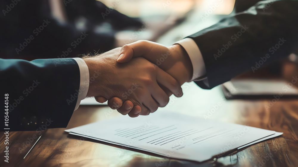 Business partners confirming their contract with a handshake, formal setting with documents on the table, corporate agreement, professionalism Business partners confirming their contract with a handshake, formal setting with documents on the table, corporate agreement, professionalism