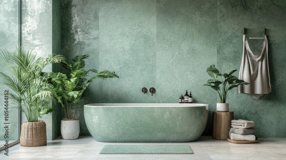 Stylish and creative minimalistic bathroom interior design with marble walls, green panels, plants, and beautiful bathroom accessories. Minimalistic home concept Stylish and creative minimalistic bathroom interior design with marble walls, green panels, plants, and beautiful bathroom accessories. Minimalistic home concept