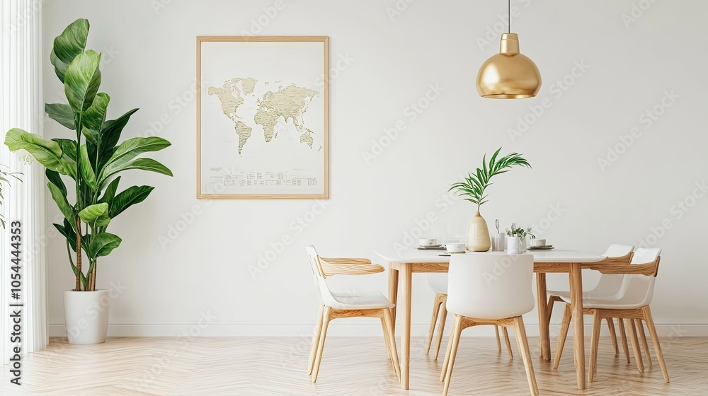 Stylish and modern dining room interior with mock up poster map, sharing table design chairs, gold pendant lamp and cups of coffee. White walls, wooden parquet. Tropical leaves in vase template Stylish and modern dining room interior with mock up poster map, sharing table design chairs, gold pendant lamp and cups of coffee. White walls, wooden parquet. Tropical leaves in vase template