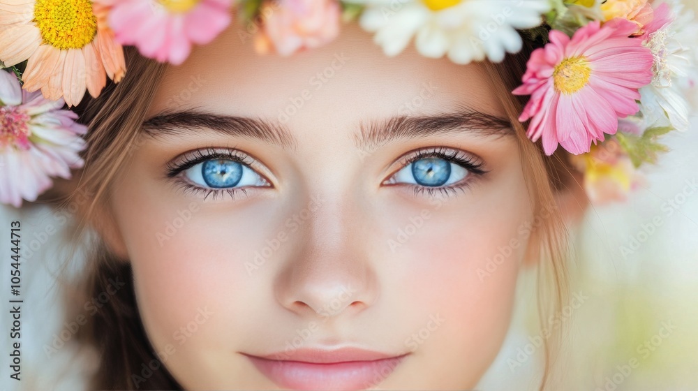 Close up of a woman with striking blue eyes and a delicate cherry blossom near her face Close up of a woman with striking blue eyes and a delicate cherry blossom near her face