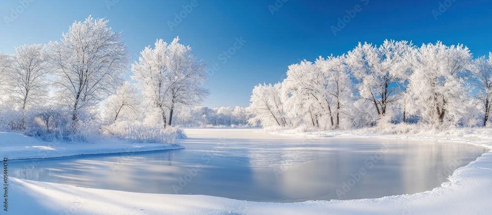 A frozen lake surrounded by snow-covered trees in a winter wonderland. A frozen lake surrounded by snow-covered trees in a winter wonderland.