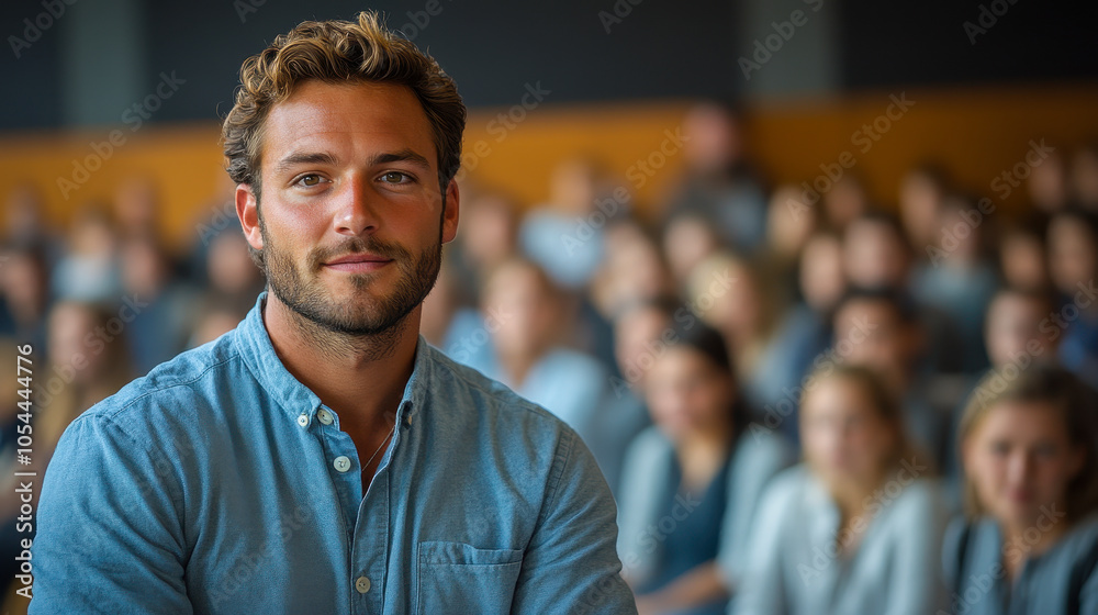 Fototapeta premium Young Speaker Engages Audience in Industrial Setting Conference