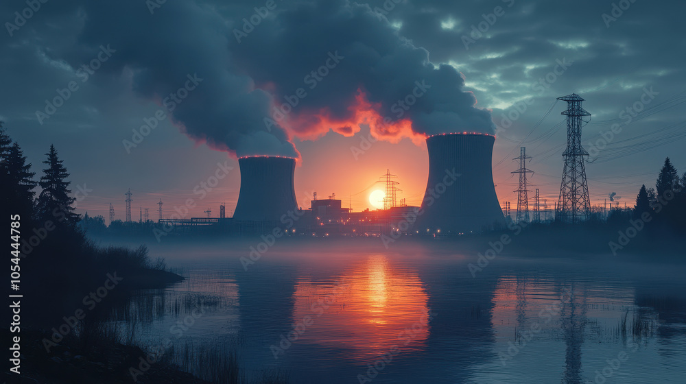 Fototapeta premium Sunrise Over Nuclear Power Plant with Cooling Towers and Misty Reflection