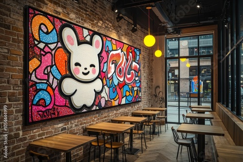 Colorful bunny mural in modern café with brick walls and cozy atmosphere