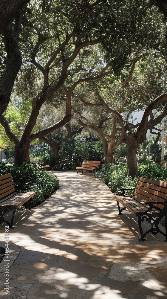 Specimen trees act as anchors in lush garden corners near decorative benches Specimen trees act as anchors in lush garden corners near decorative benches