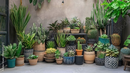 Stylish composition of home garden interior filled with beautiful plants, cacti, succulents, and air plants in different design pots. Copy space. Home gardening concept