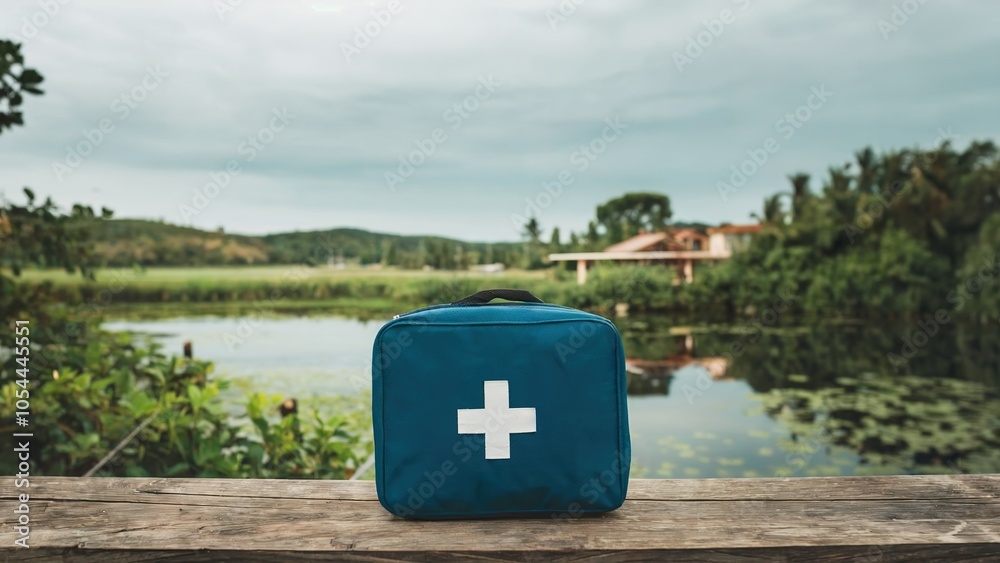 A first aid kit placed on a wooden surface A first aid kit placed on a wooden surface
