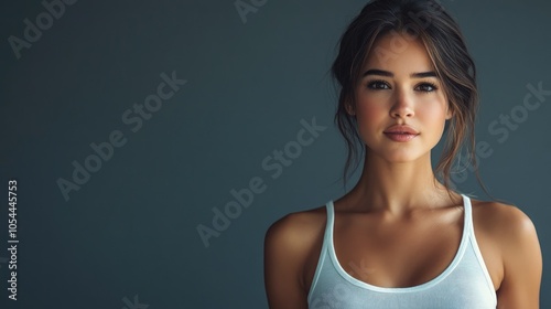 Beautiful woman in white T-shirt Female breast dark background