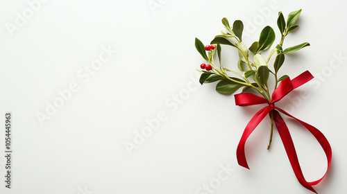 A sprig of mistletoe tied with ribbon on a plain white background, isolated festive element