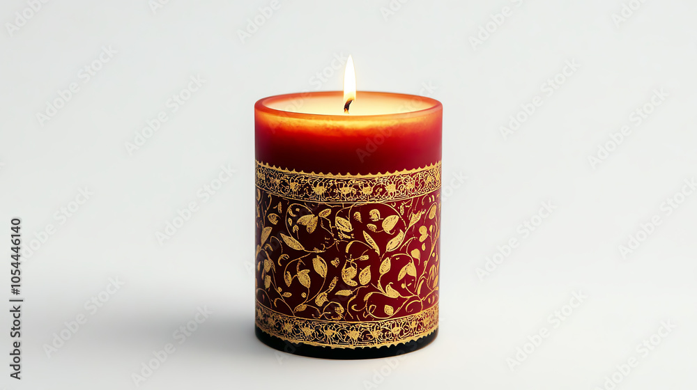 Candle with a red and gold design, placed on a white background, isolated Candle with a red and gold design, placed on a white background, isolated