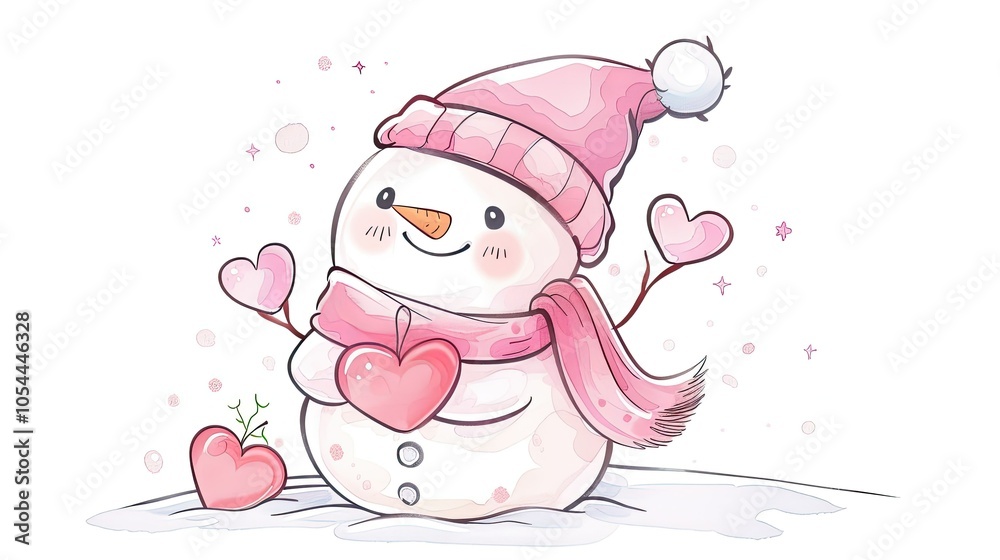 Kawaii Valentine snowman wearing a pink scarf and hat Kawaii Valentine snowman wearing a pink scarf and hat