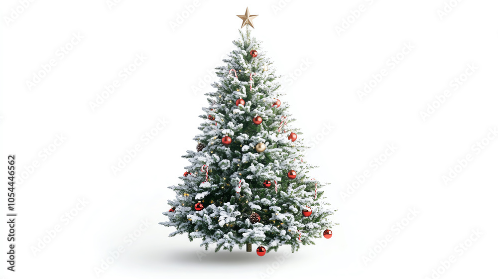 Christmas tree adorned with garlands and a star topper on a plain white background, isolated Christmas tree adorned with garlands and a star topper on a plain white background, isolated