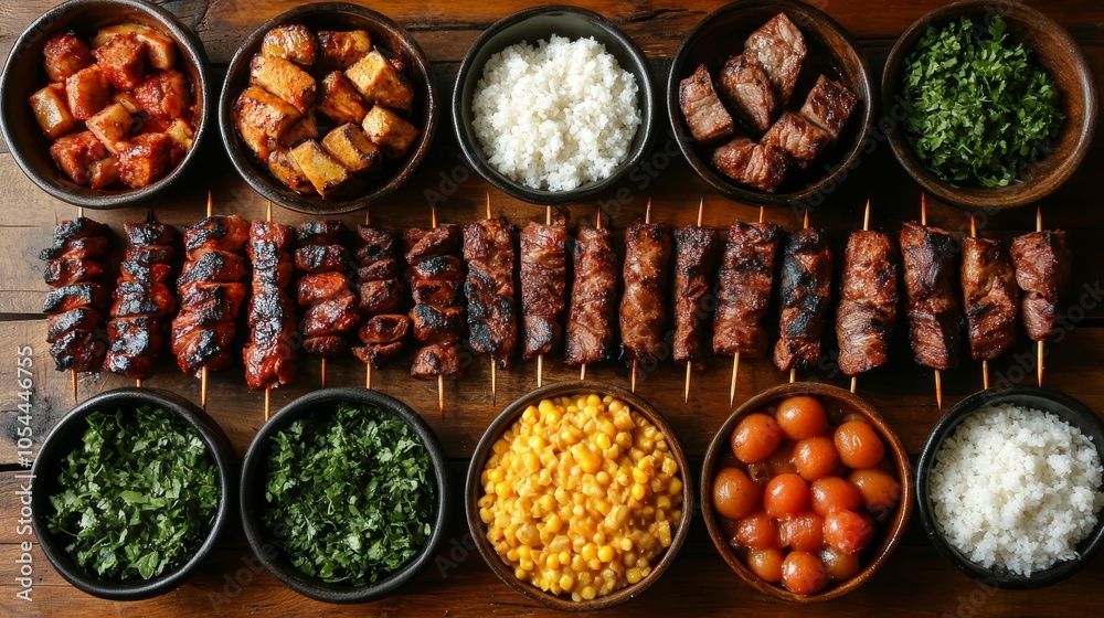 Fototapeta premium Barbecue feast with skewers, rice, and fresh herbs on a wooden table