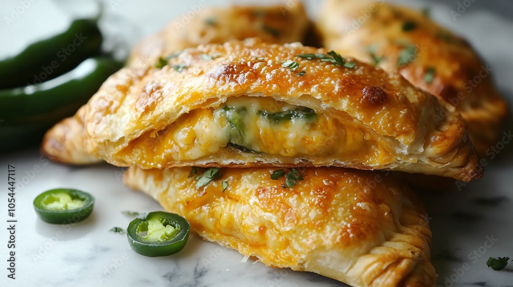 Cheddar and jalapeno-stuffed empanadas, isolated on a marble surface, with fresh jalapenos and melted cheese oozing from the edges