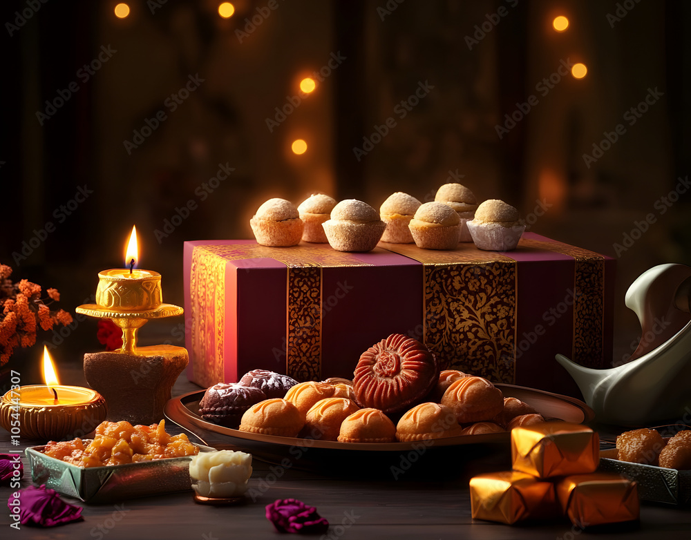 Diwali festival sweets with Diya lamp and Gift box on the table, Diwali festival sweets with Diya lamp and Gift box on the table,