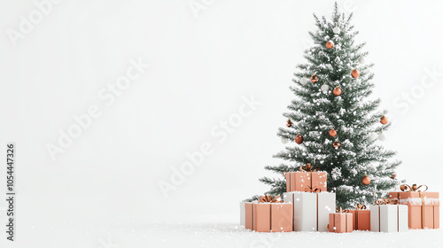 Festive Christmas tree with wrapped presents and snow effect on a white background