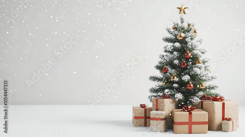Festive Christmas tree with wrapped presents and snow effect on a white background