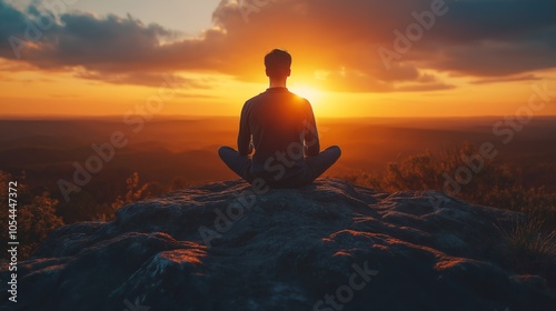 Man embracing cityscape sunset from mountaintop, embodying freedom, adventure, and inspirational moments in nature and urban landscape, Generartive AI photo