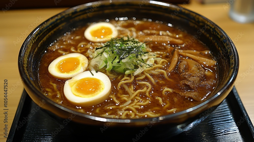 Delicious bowl of ramen with soft boiled eggs and toppings Delicious bowl of ramen with soft boiled eggs and toppings