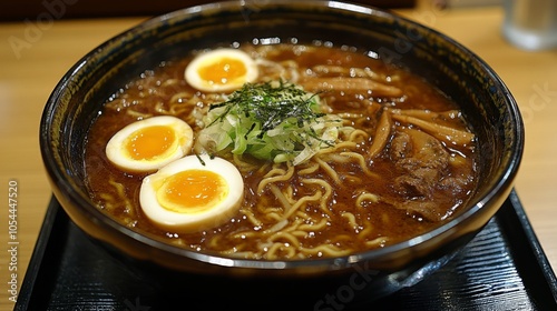 Delicious bowl of ramen with soft boiled eggs and toppings