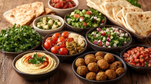 Colorful spread of fresh middle eastern dishes and ingredients