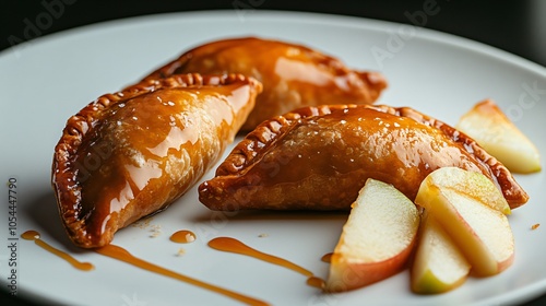 Dessert empanadas filled with caramelized apples, placed on a white plate, isolated on a dark background, with apple slices and caramel drizzle