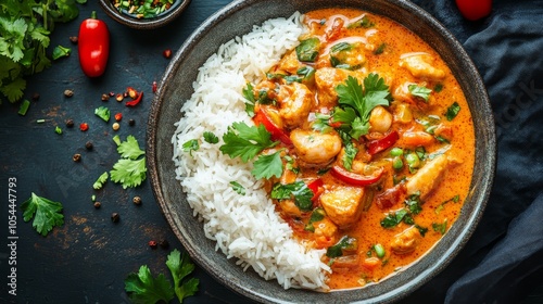 Vibrant curry dish with rice and fresh herbs on a dark background