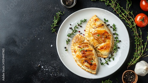 Empanadas filled with caramelized onions and cheese, placed on a white dish, isolated on a dark background, with fresh thyme and black pepper photo