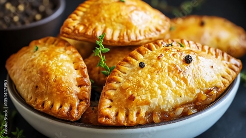 Empanadas filled with caramelized onions and cheese, placed on a white dish, isolated on a dark background, with fresh thyme and black pepper photo