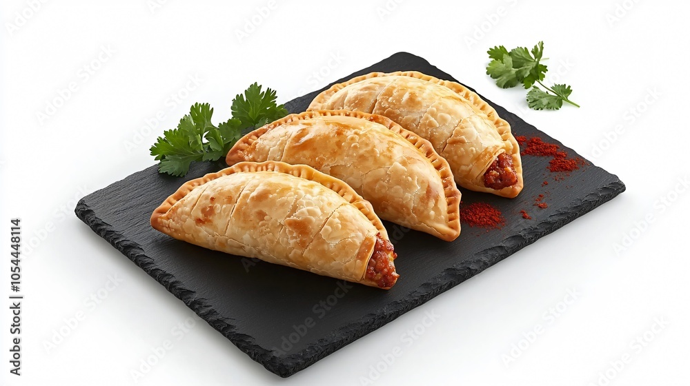 Empanadas filled with chorizo and potatoes, placed on a dark slate board, isolated on a white background, with paprika and cilantro garnish Empanadas filled with chorizo and potatoes, placed on a dark slate board, isolated on a white background, with paprika and cilantro garnish