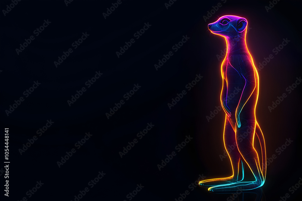 A striking neon wireframe meerkat silhouette illuminated by a vibrant sunset, set against a black backdrop. A striking neon wireframe meerkat silhouette illuminated by a vibrant sunset, set against a black backdrop.