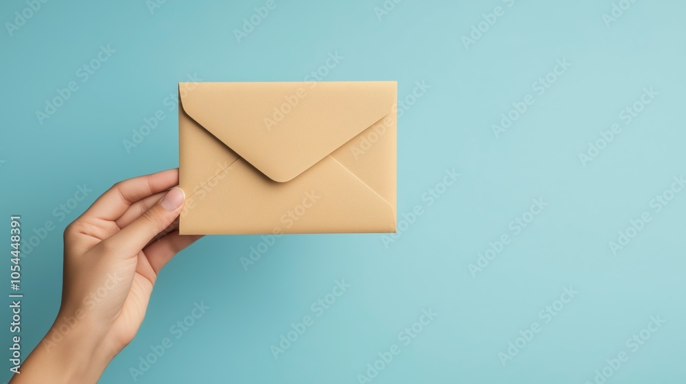 Fototapeta premium Minimalistic beige envelope in hand against blue background, representing traditional mail and personal communication for letters and invitations, Generative AI